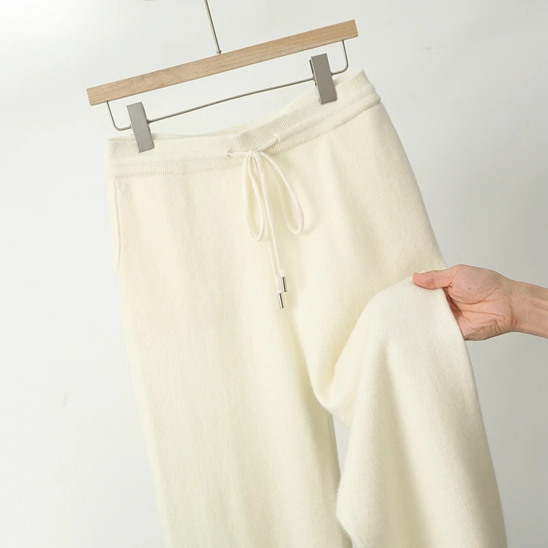 Otoño e Invierno nuevos pantalones 100% de lana pura pantalones de pierna ancha informales ajustados sueltos planos con cordón de cintura elástica para hombres