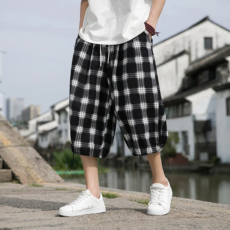 

Chinese Harajuku Summer Loose Calf Length Casual Pants Men Wide Leg Cotton Linen Printing Baggy Pants Oversize Men's Trousers