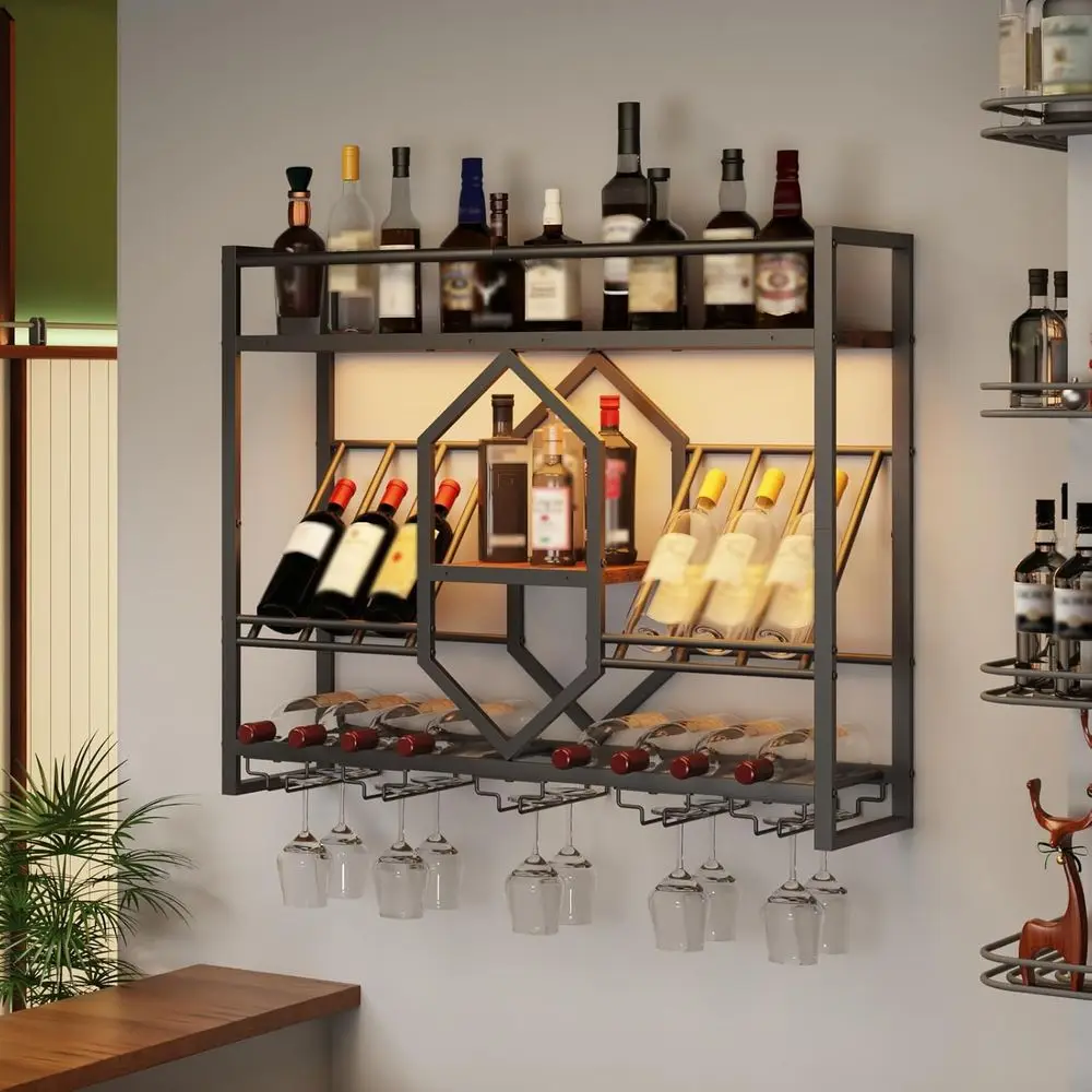 

LED-Illuminated 31.5 3-Tier Wall Wine Rack with Glass Holder, Rustic Brown & Black, for Kitchen or Bar