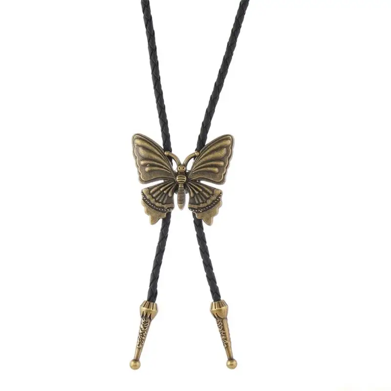 31BF Western Rodeos Alloy Butterfly Pendant Accent Bolo Tie Necktie Adjustable PU Leather Cord Necklace For Men And Women