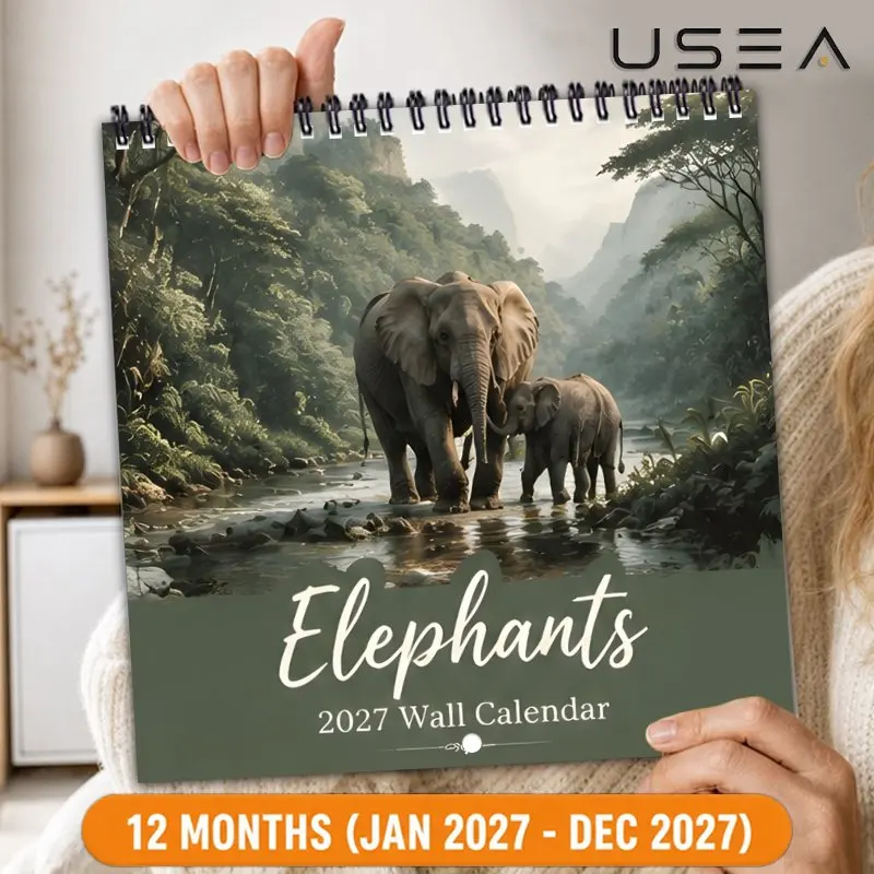 2027 Wall Calendar, Jungle Elephants Hanging, Large Writable Blocks, Aesthetic Wall Decor, Gift for Mom Women Coworkers Teachers