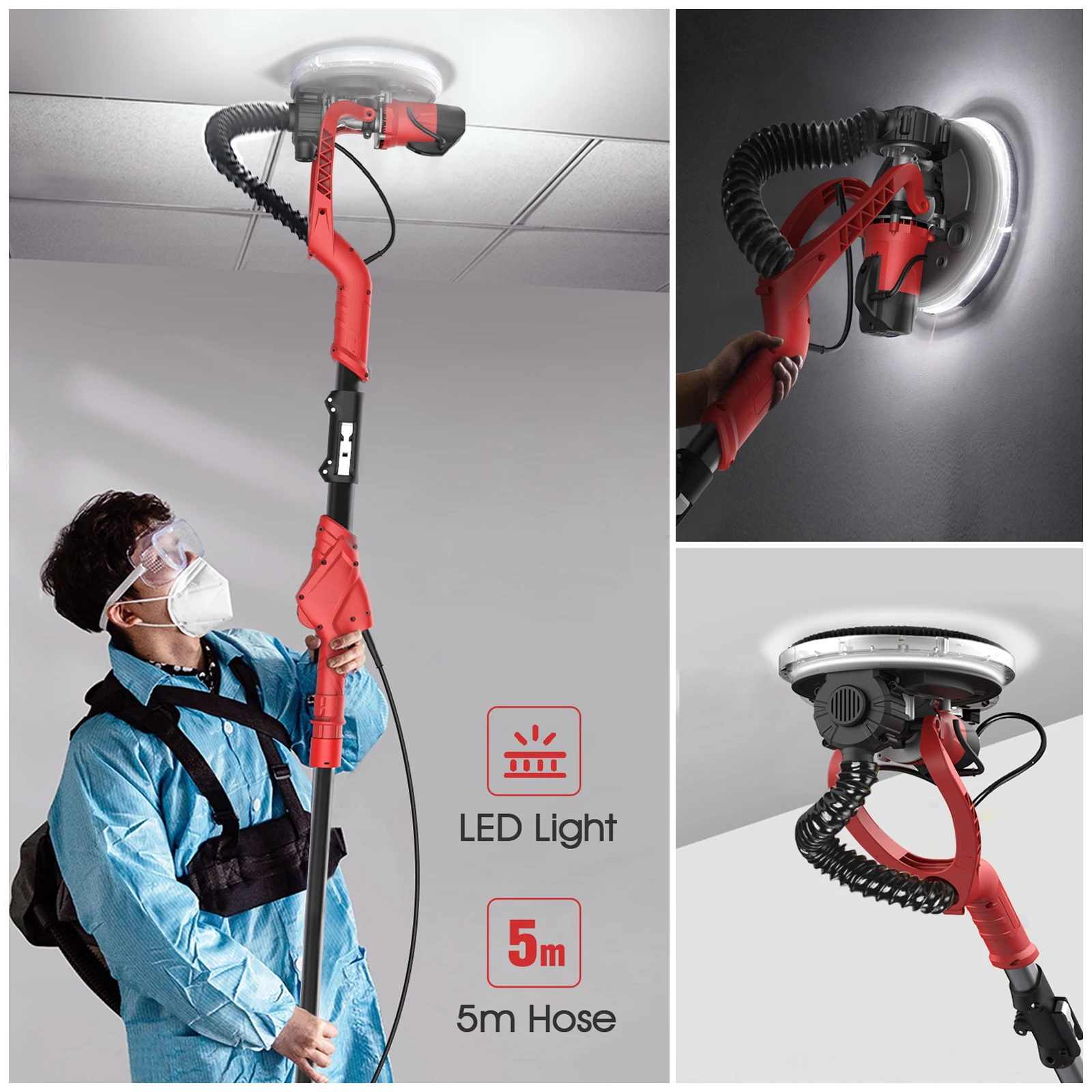 

Drywall Sander 750W 6A Wall Sander with 14 PCS Sanding Discs 6 Variable Speed 1100-1850RPM Electric Drywall Sander with LED