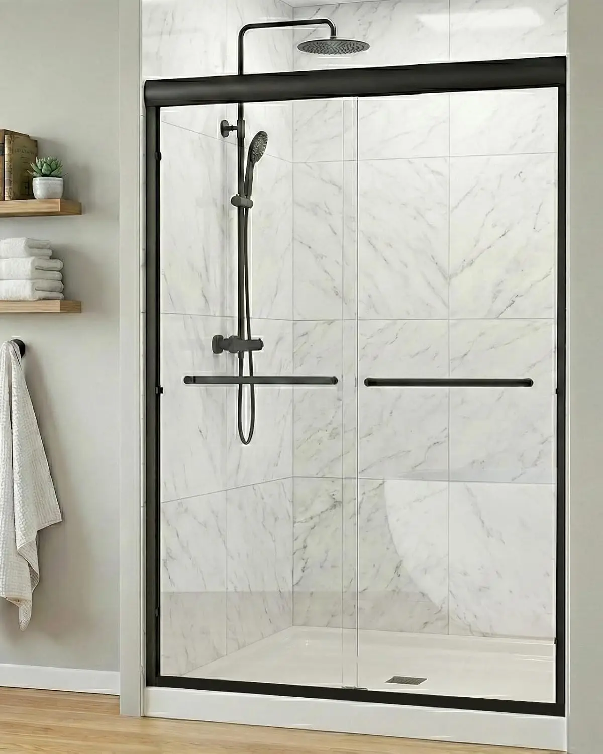 Tempered Glass Framed Walk In Shower Door Matte Black Aluminum With Stainless Steel Handle 72 Inch Height