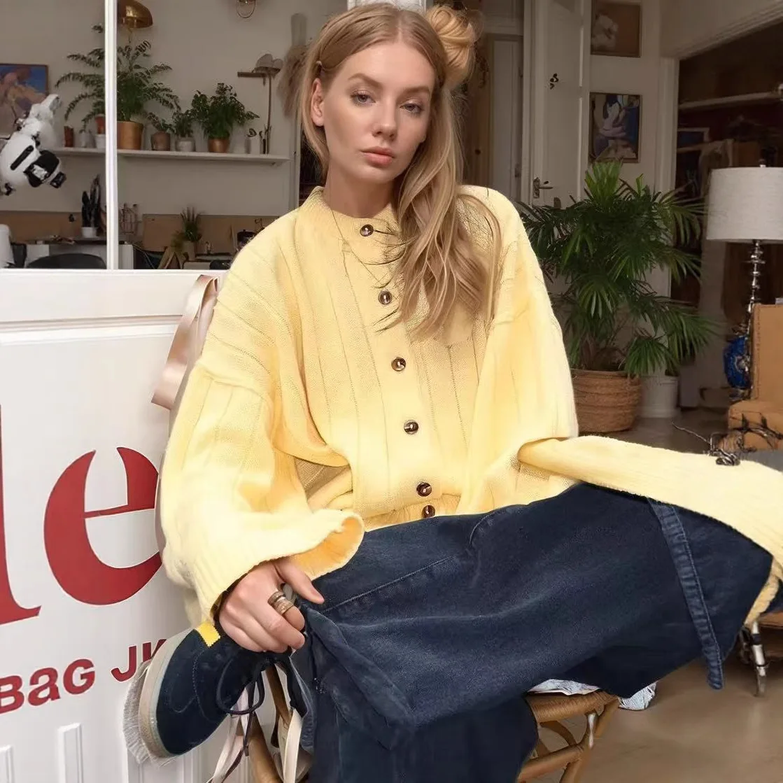 Solid Vertical Rib Knit Cardigan Crew Neck Single Breasted Metal Buttons Drop Shoulder Oversized Loose Casual Knit Jacket 260701