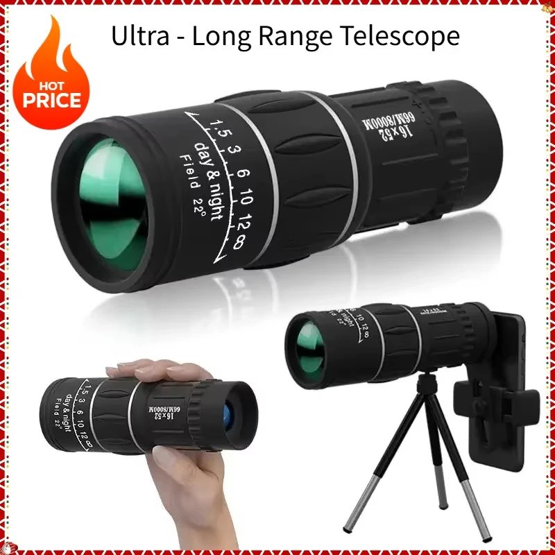 16x52 High-Power Long-Range Monocular Telescope: Dual Focus, Optical Zoom & Low-Light Compatible for Distant Observation