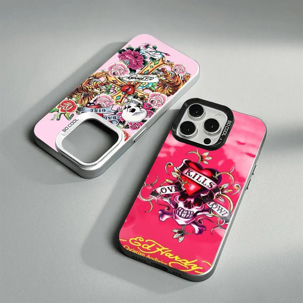 Capa de Telefone Fashion E-Ed H-Hardy Cor Prata para iPhone 17 16 16e 15 14 13 12 11 Pro Max Plus