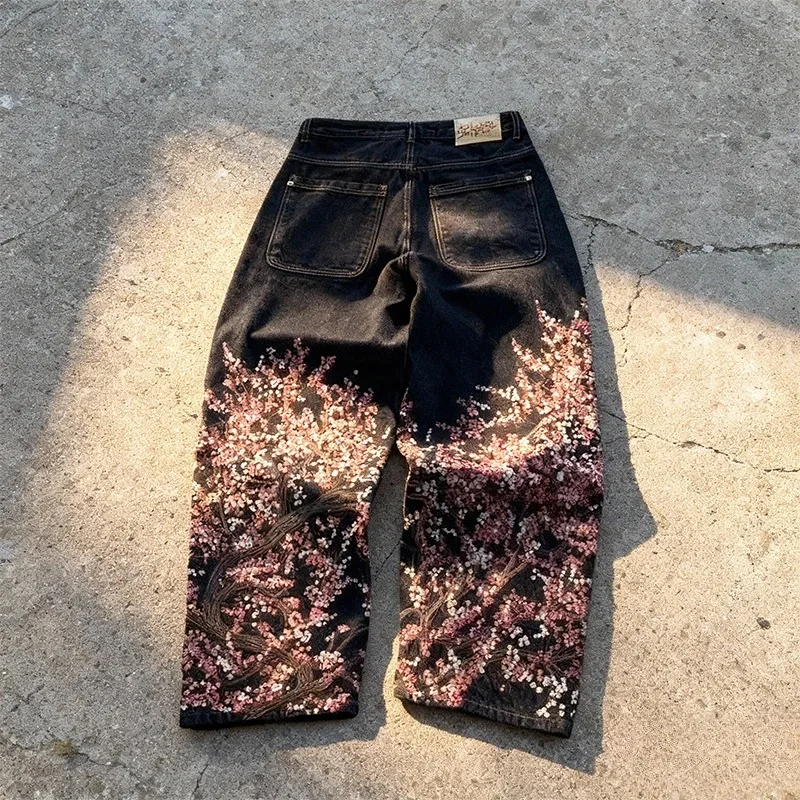 

Cross-border foreign tradederschutzeEuropean and American retro plum blossom embroidered straight-leg jeans for men and women, u