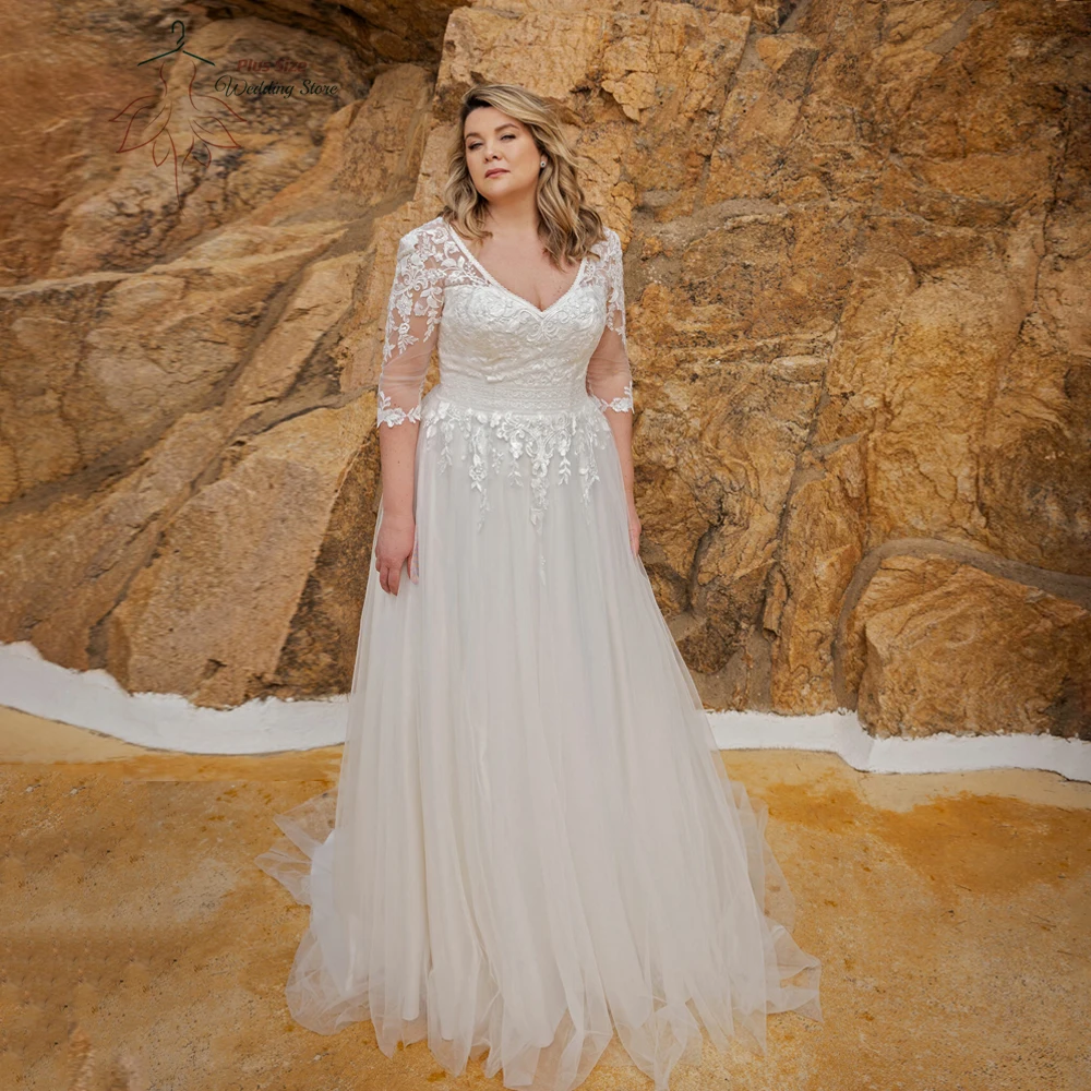 

Elegant Tulle Wedding Dresses Plus Size V Neck 3/4 Sleeves A-Line Bride Gowns Applique Back Lace Up Sweep Train Vestido De Noiva