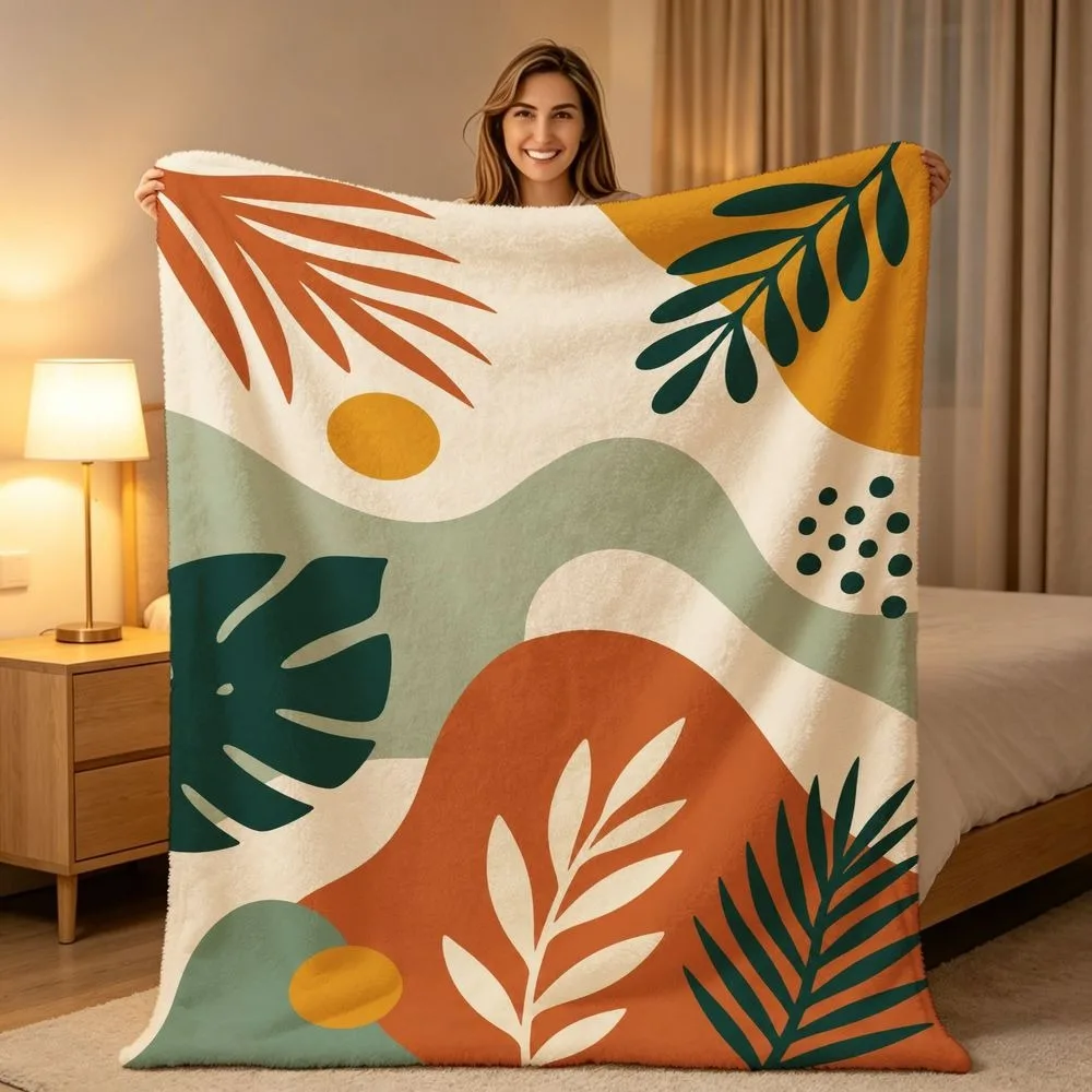 Modern Geometric Botanical Throw Blanket Monstera Foliage Abstract Print Soft Warm All Season Blanket for Sofa Couch Bedroom