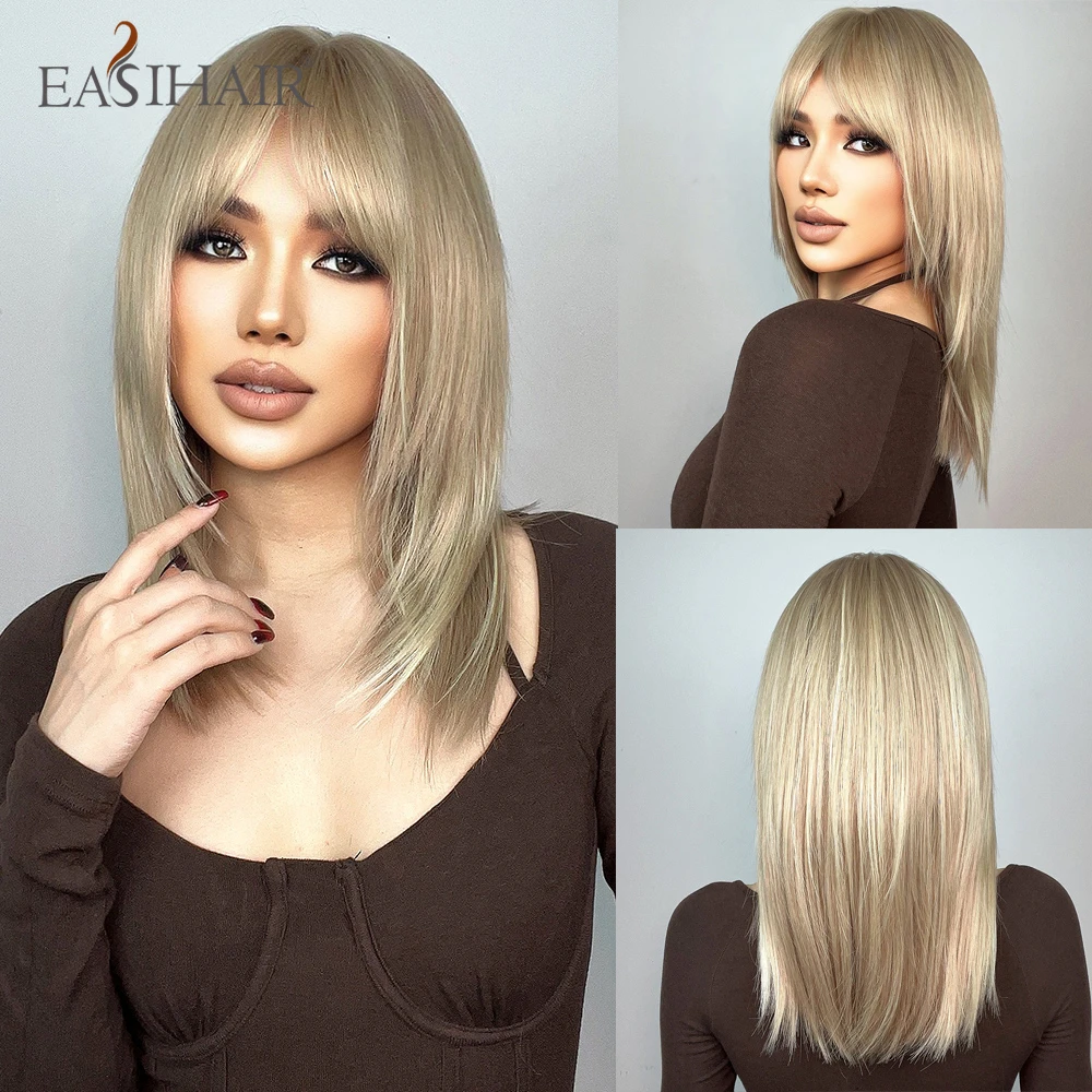 EASIHAIR-Perucas sintéticas retas louras douradas com franja para mulheres, comprimento médio, cabelo em camadas, cosplay diário, resistente ao calor