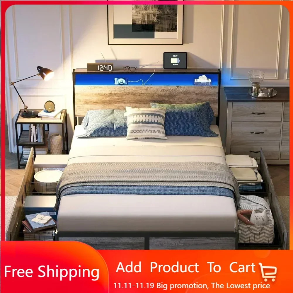 Queen Bed Frame with 4 Drawers & Headboard, Bed Frame with RGB Lights & Fast Charger, Fast Assembly Bed Frame with Storage