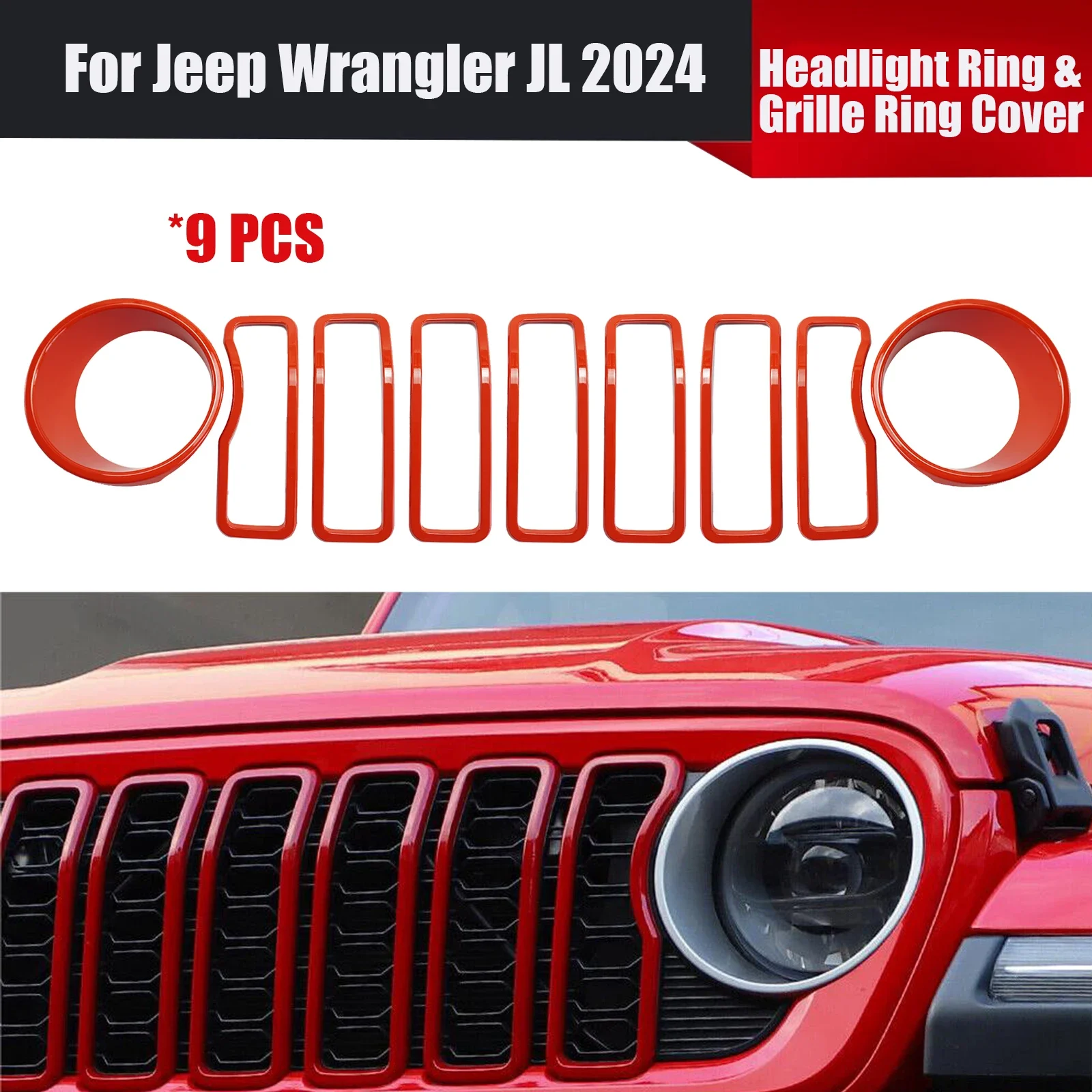 For Jeep Wrangler JL 2024 9PCS Car Accessories Headlight Ring &Grille Ring Cover Decorative Front Grill Inserts Cover Trim Red