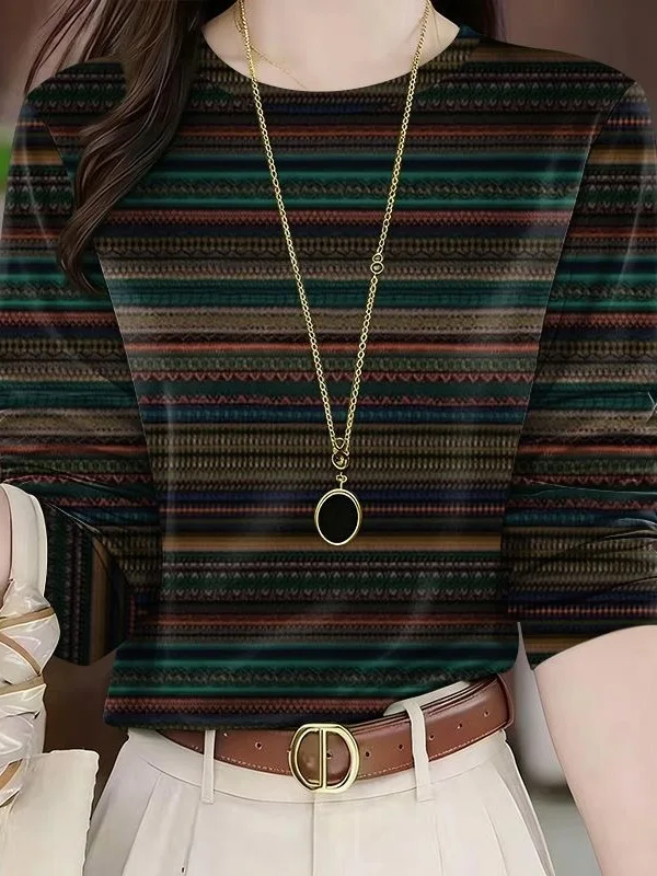 

Elegant Retro Striped round Neck Long Sleeve Base Shirt Women's Fashionable Slimming Top Maternity Wear Polyester Fiber