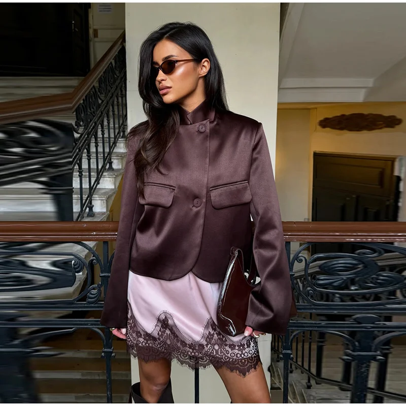 Damenmäntel Satin Stehkragen Seitliche Knopfleiste Kurze Anzugjacke Herbst Damen Langarm Knopfleiste Einfarbige Lockere Jacke Neue Oberbekleidung – Detail 11