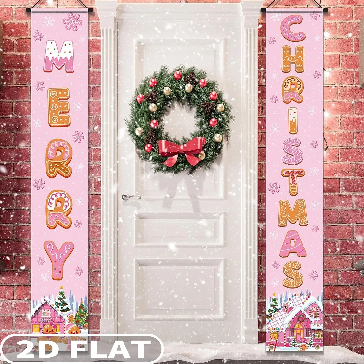 

Pink Gingerbread Christmas Banners, Porch Sign, Party Hanging Banner, Durable Polyester Fabric Pink Merry Christmas