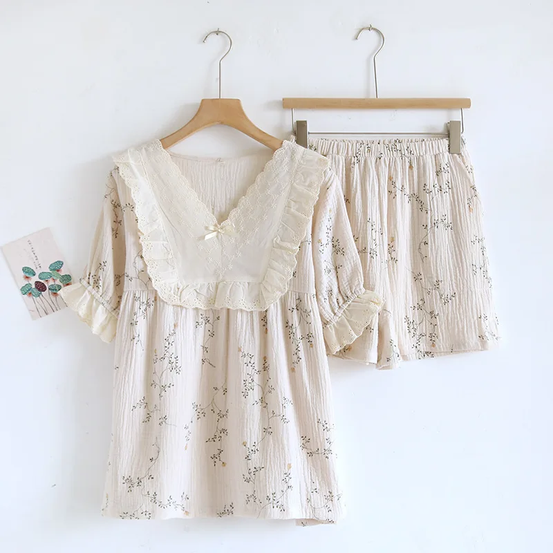 

2025 New Summer Women's Pajama Set 100% Cotton Crepe V-Neck Short Sleeve Shorts Two Piece Palace Princess Style Home Fury Ladies