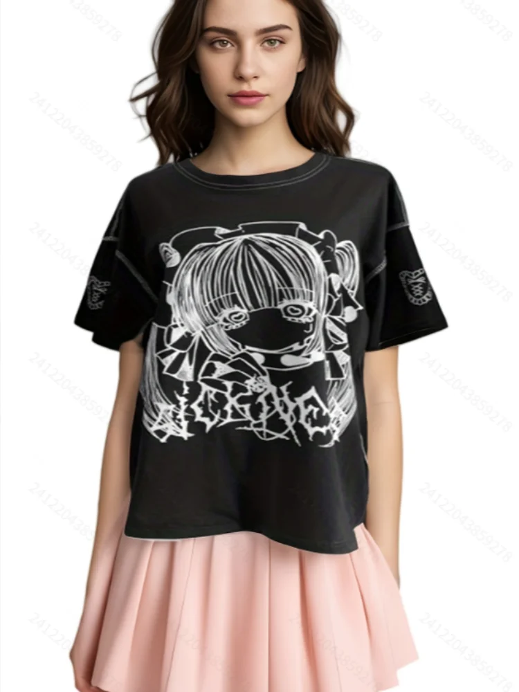 

Japanese subculture Harajuku Y2K anime print trend girls short sleeved T-shirt summer millennium spicy girl high street top