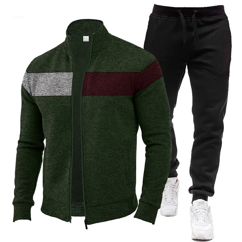 New Fall/winter Men's Set Fleece Lined With Cationic Jacquard Patchwork Jacket + Sweatpants 2-piece Street Casual Men's Clothing