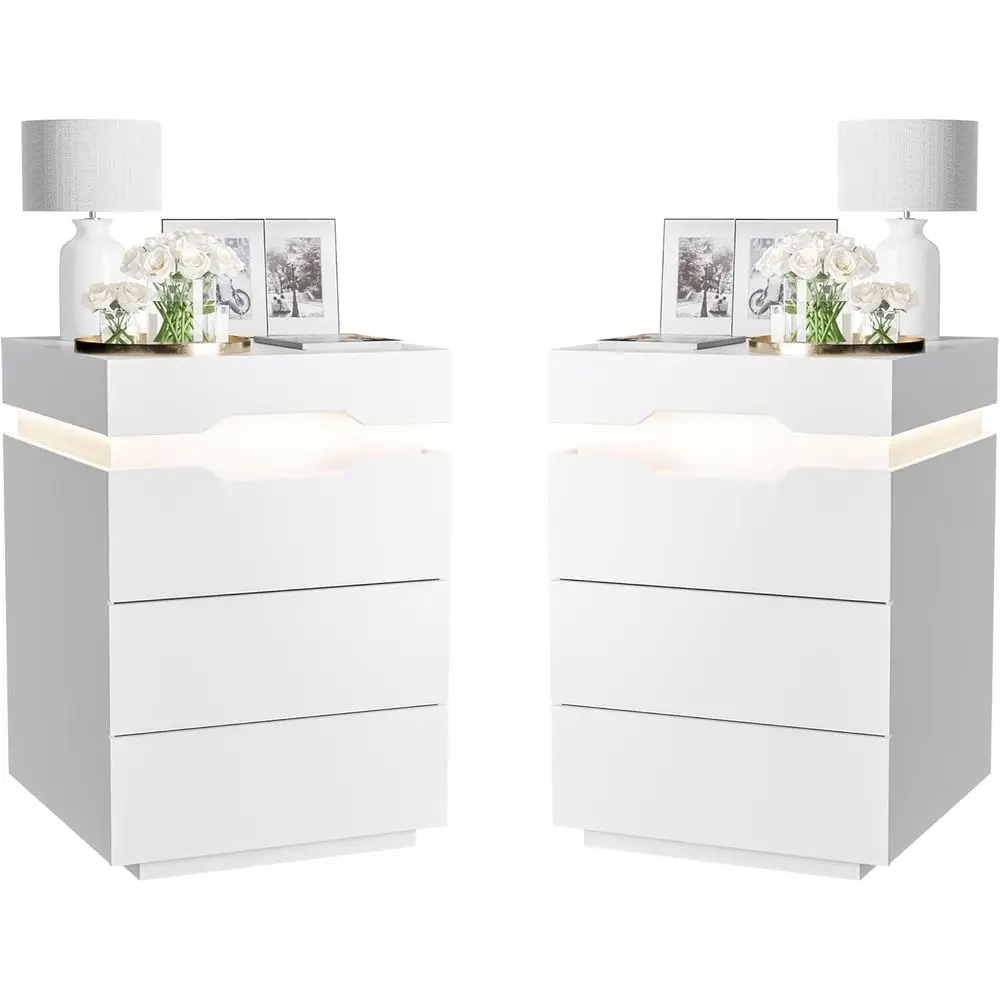 

LED-lit Charging Nightstand with 3 Drawers, Spacious Bedroom Side Table, 27.5 White