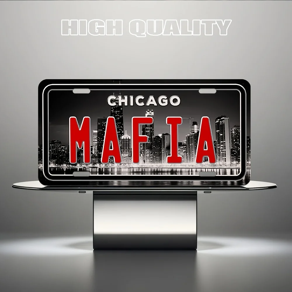 License Plate for Decoration Only 2D Flat, 1pc Chicago Gangster Metal Sign 11.81x5.91inch Vintage Retro Wall Art - Bold Red Lett