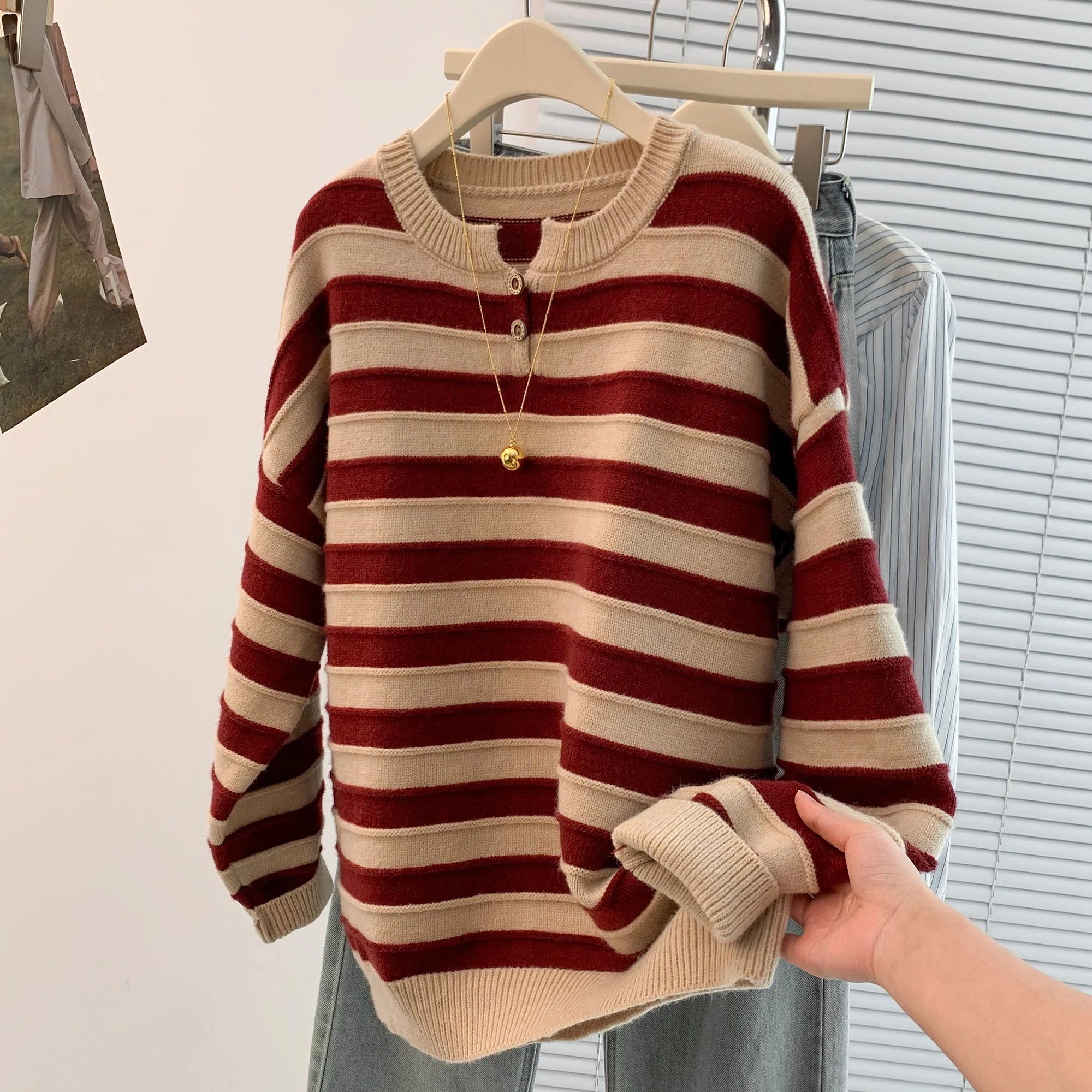 Autumn Winter plus Size Casual Loose Knitted Sweater Stripe round Ne f Open Collar Versatile Age Reduction T-irt for W...
