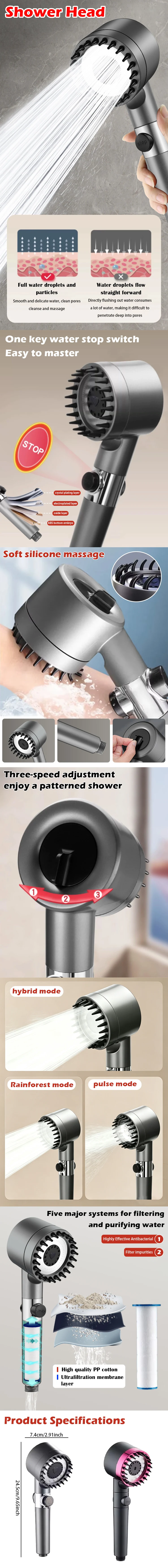Hochdruck-Massageduschkopf, 4 Modi, Regenduschkopf, One-Key-Stop-Wasser mit Filterelement, Badezimmerzubehör – Detail 1