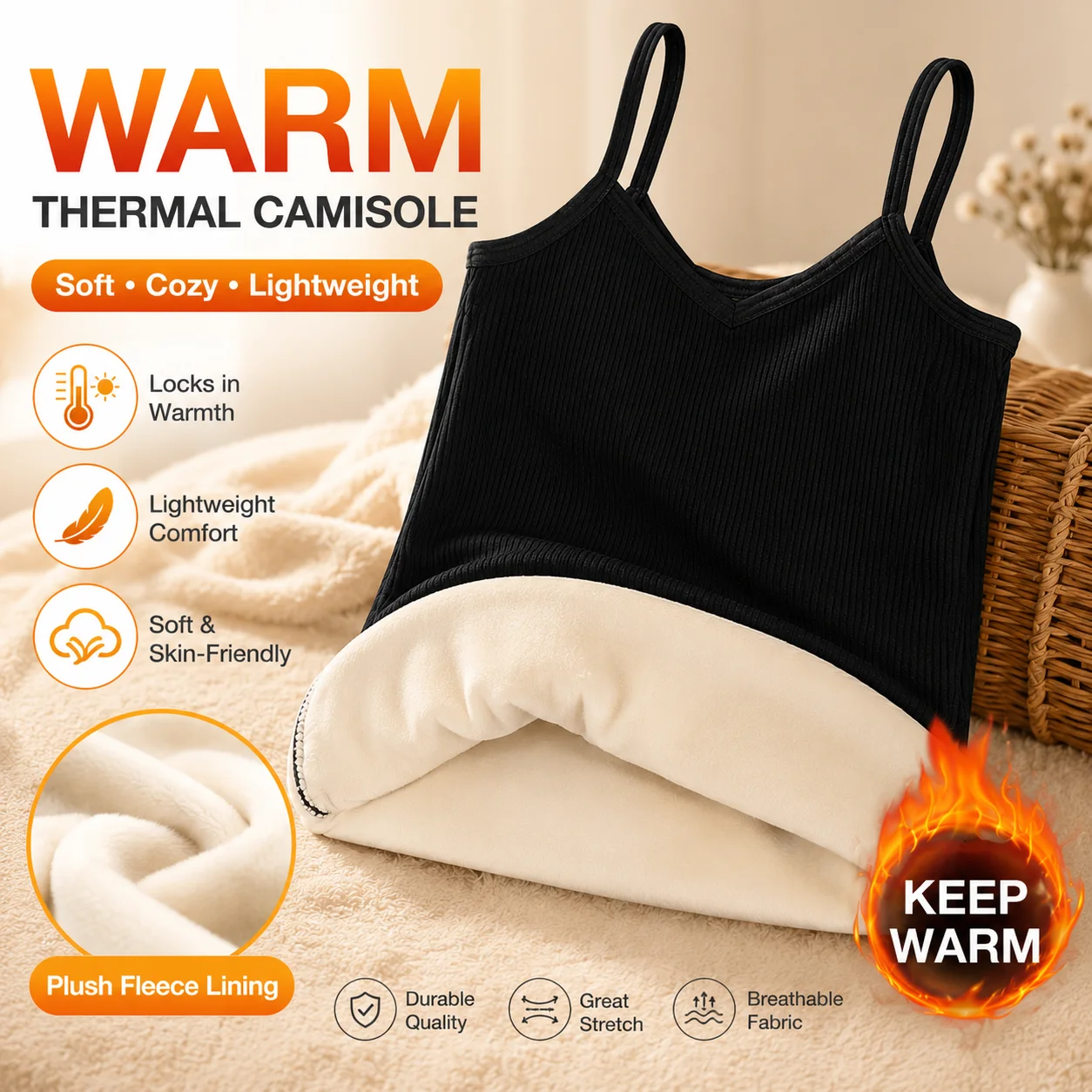 Thick Plush Lined Camisole Women V Neck Warm Inner Wear Stretchy Slim Fit Ribbed Tank Top For Winter Layering Outerwear
