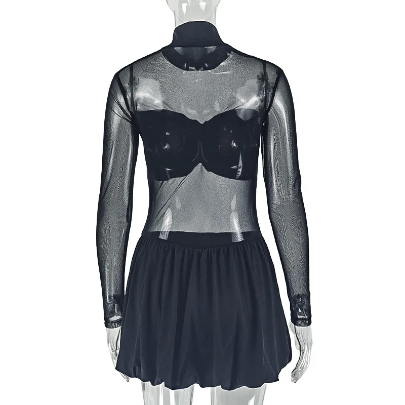 Elegancka sukienka z siateczki dla stylowej kobiety, kolekcja jesień 2025, damska sukienka mini z długim rękawem, stójką, dopasowana, czarna, transparentna, plisowana, w kształcie litery A.