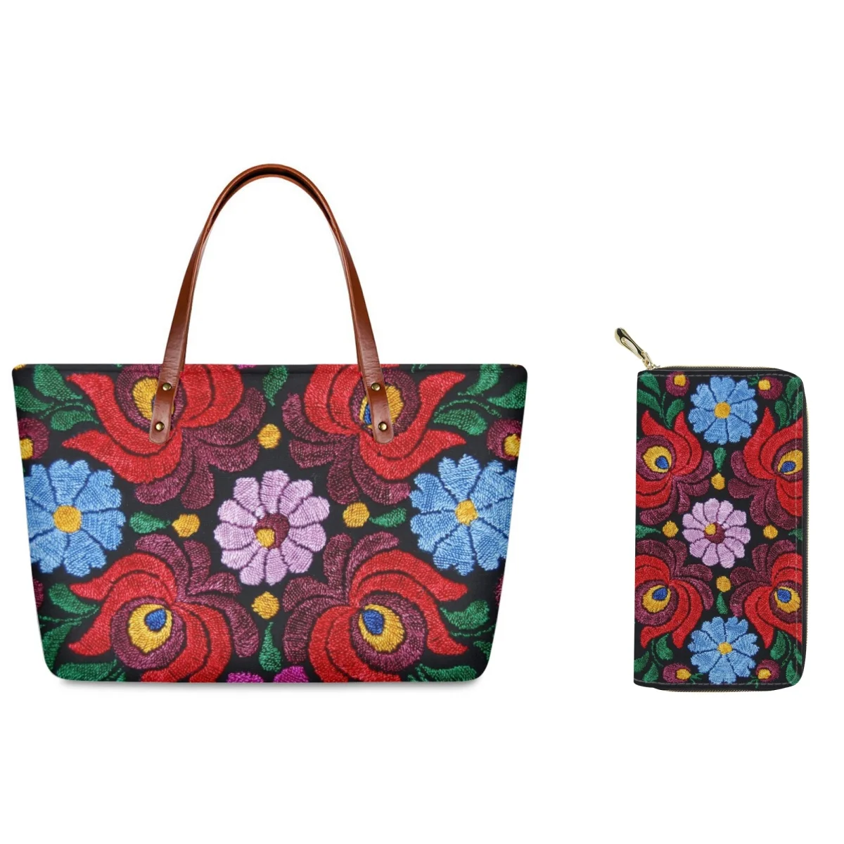 FORUDESIGNS 2Pcs/Set Handbags Wallet Ladies Mexican Culture Art Design Fashion Ladies Large Tote Bags Capacity Shopping Bag