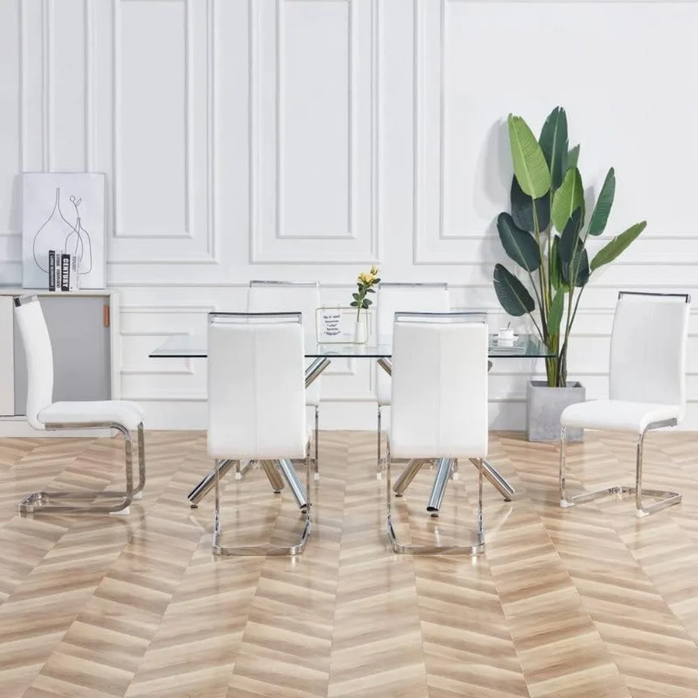 كراسي طعام معدنية حديثة مع مقاعد مبطنة من الجلد الصناعي وظهر مرتفع على أرجل كروم