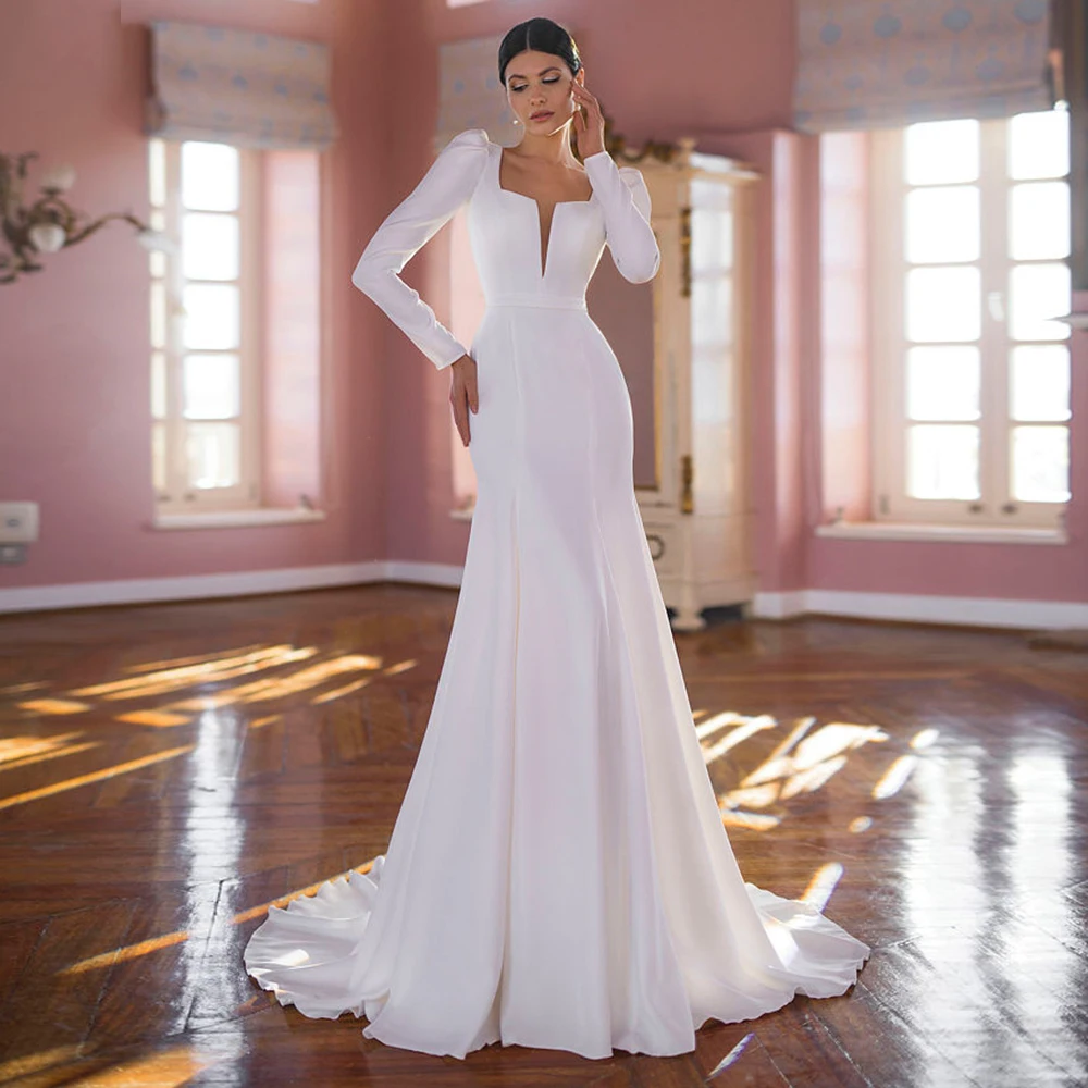 

Customized Simple Long Sleeve Mermaid Jersey Wedding Dress Women Elegant and Chic Square Neck Court Train Pure White Bridal Gown