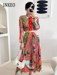 Vintage Print two piece set Women New arrival Elegant Pleated blouse Long sleeve shirt High waist long Skirt Fashion INKEO 3T170