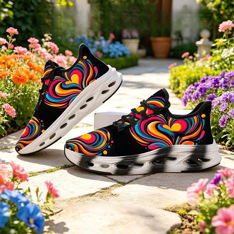 Ladies Men Casual Shoes Running Shoes，Retro psychedelic swirl heart color-blocking print design，Vibrant and intense colors creat