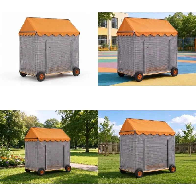 for Kindergarten outdoor storage box with wheels house shape wooden toy cabinet plywood aluminum frame for children's
