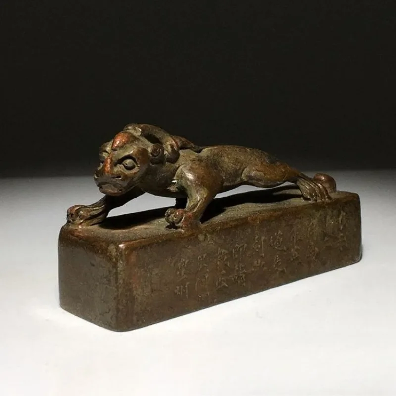 Antique Dragon Beast Seal Statue Vintage Pen Holder Paperweight Ornaments Lucky Mythical Creature Table Decor Sculpture