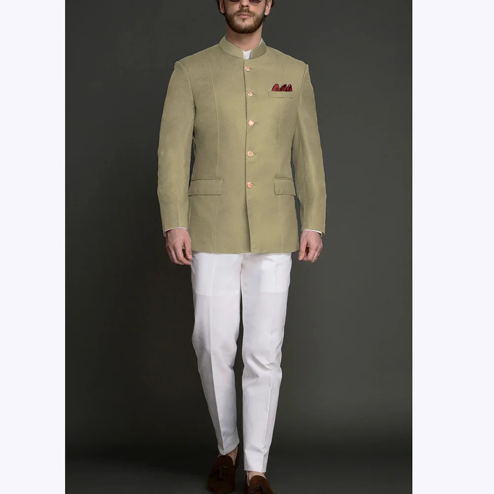 

Slim Fit Suits For Men Chic Elegant Stand Collar Contrast Color Outfit 2 Piece Single Breasted Formal Blazer Pants Daily Set