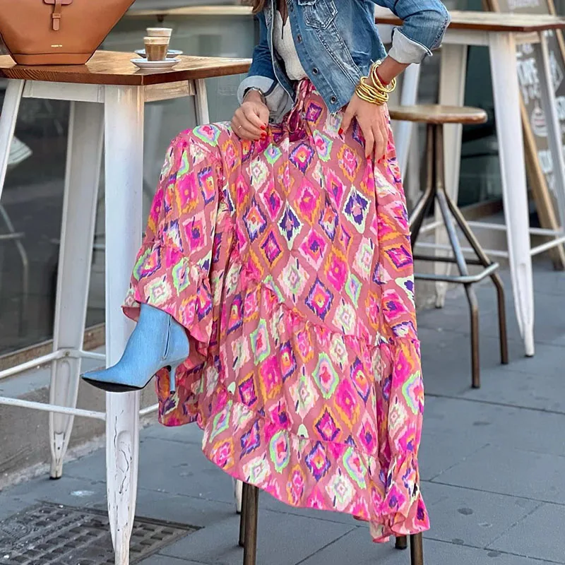 Women Elegant High Waist Beach Party Skirts 2023 Spring Summer Casual Loose Maxi Skirt Vintage Patterned Print Boho Long Skirts