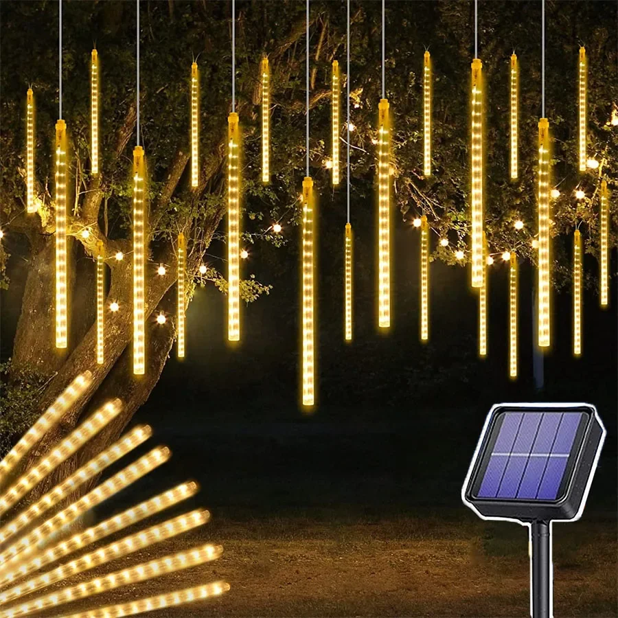 Lumière solaire de pluie de météores, éclairage extérieur de glaçons, lumière de Noël de LED, arbre de vacances, chute de neige