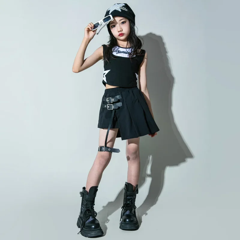 Mädchen Hip Hop Tanz Kostüm Kinder Sterne Druck Schwarze Weste Top Bindung Rock Kinder Jazz Street Performance Kleidung