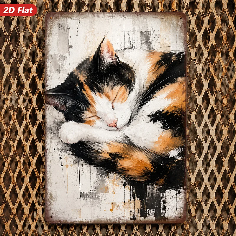 2D Flat, 1pc Metal Sign Wall Art, Sleeping Calico Cat Artwork, Rustic Style, Home Decor, Suitable for Living Room, Bedroom, S