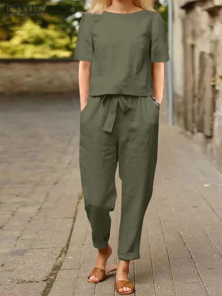 

2025 ZANZEA Summer Women Outfits 2PCS Matching Sets Short Sleeve Blouse Harem Pants Sets Casual Solid Tracksuit Two Piece Sets