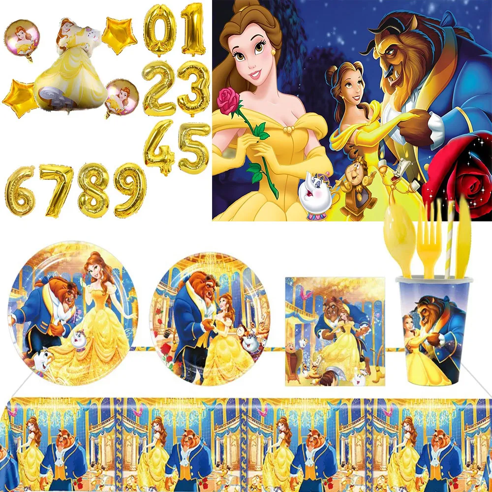 Belle Princess Beauty And Beast Theme Birthday Party Supplies Disposable Tableware Plates Balloons Backdrop Wedding Home Decor