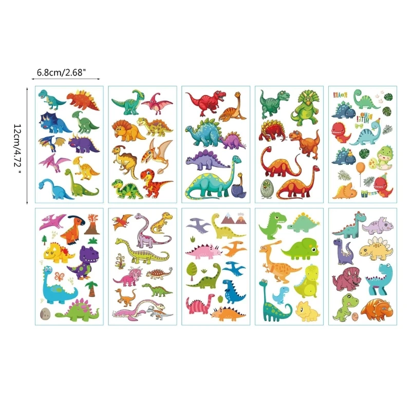 Autocollants adhésifs dinosaure dessin animé pour enfants, 10 feuilles, pour filles