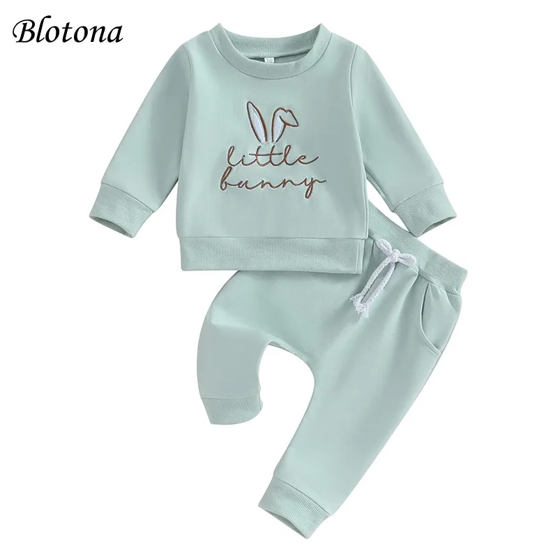 

Blotona Toddler Girls Boys Easter Outfit Letter Bunny Embroidery Long Sleeve Sweatshirt and Elastic Waist Pants Cute Set