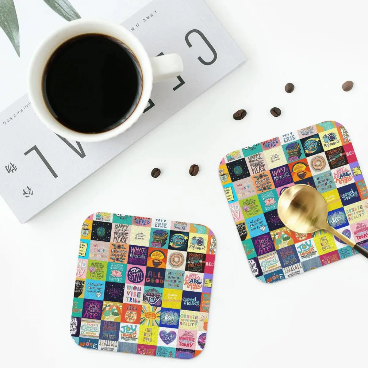 Positivity Patchwork Coasters Kitchen Placemats Non-slip Insulation Cup Coffee Mats For Decor Home Tableware Pads Set of 4