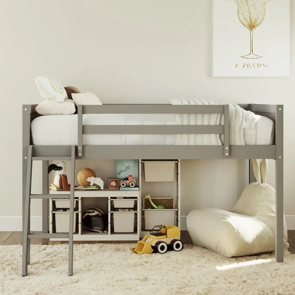 

Twin Size Grey Wooden Bed with Ladder and Guardrail for Kids or Teens, Space-Saving, No Box Spring Needed
