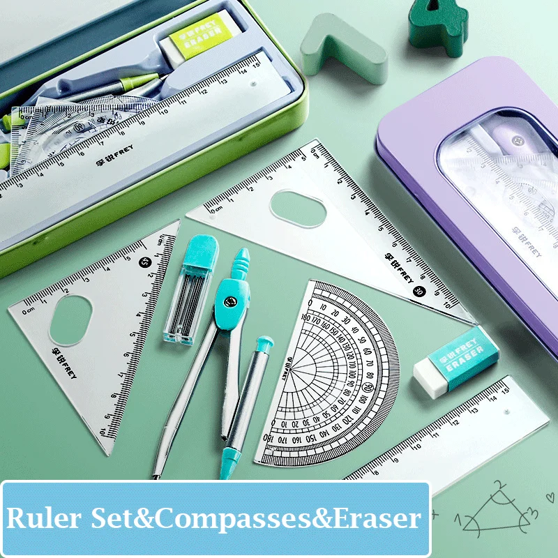 

7Pcs/Set Ruler Set Drawing Compass Math Multifunctional Combination Ruler Triangle Protractor Math School Supplies Stationery