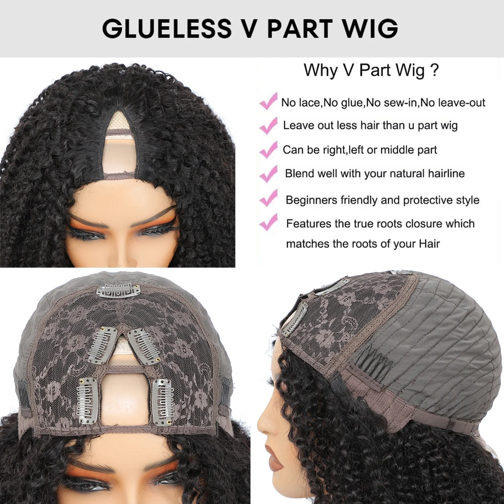 Mongoolse Afro Kinky Krullend Menselijk Haar V Deel Pruik Natuurlijk Zwart 180 200 Dichtheid Voor Zwarte Vrouwen Machine Gemaakt Remy Hair V-Part