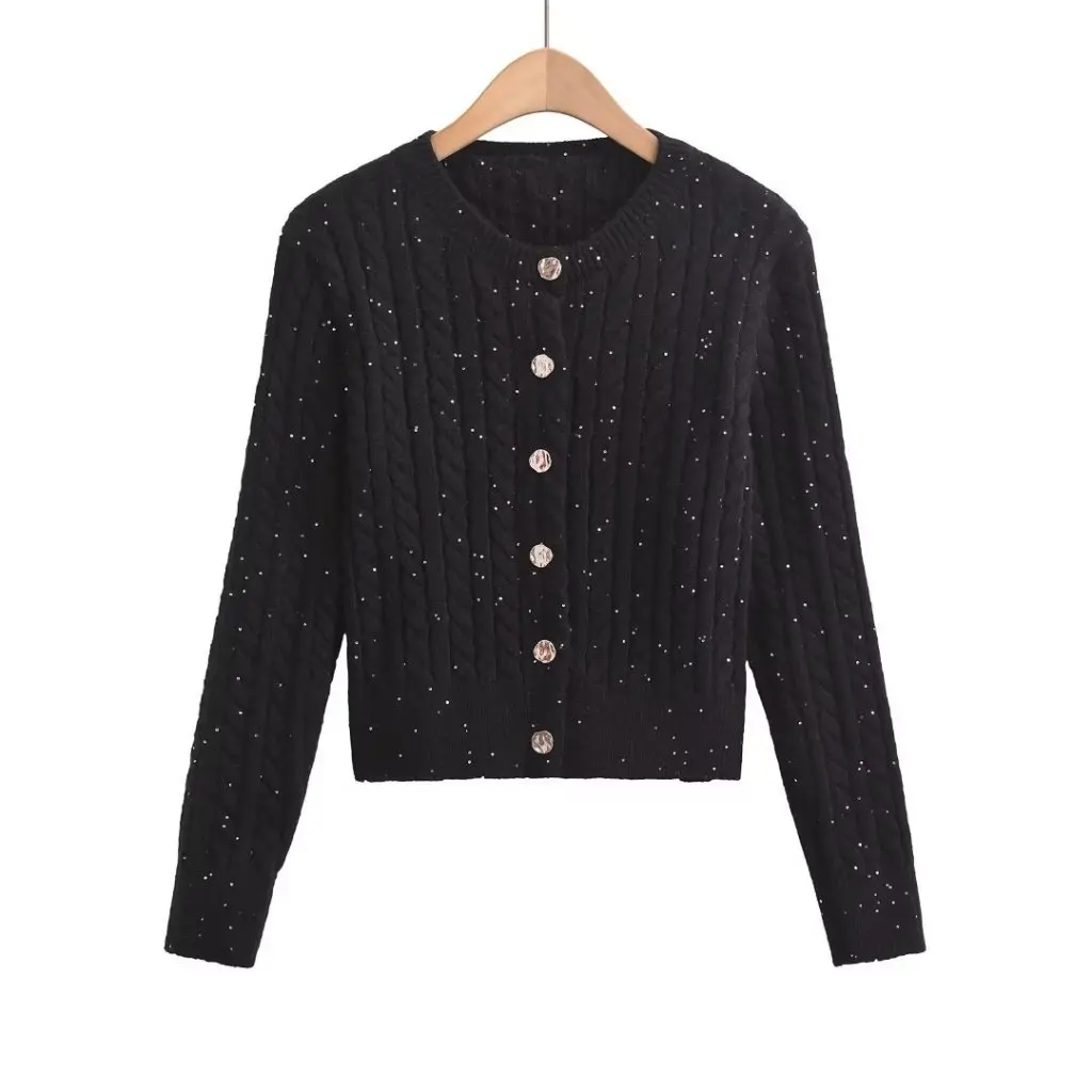 

Women's Slim-Fit Sequin Twist round Neck Cardigan Sweater Korean Style Fashion Hot Girl Autumn Buckle Detail