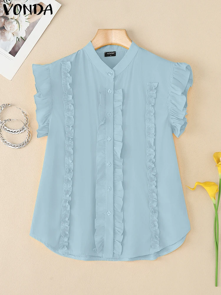 

VONDA Summer Fashion Korean Shirts Women Short Sleeve Ruffled Blouses 2025 Buttons Solid Tunic Tops Casual Elegant Sweet Blusas